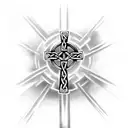Celtic Cross leading from the shoulder blade to the bicep with motley crue and metallica logos tattoo design idea