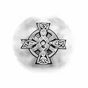 Celtic Cross leading from the shoulder blade to the bicep with motley crue and metallica logos tattoo design idea