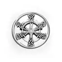 Celtic Cross leading from the shoulder blade to the bicep with motley crue and metallica logos tattoo design idea