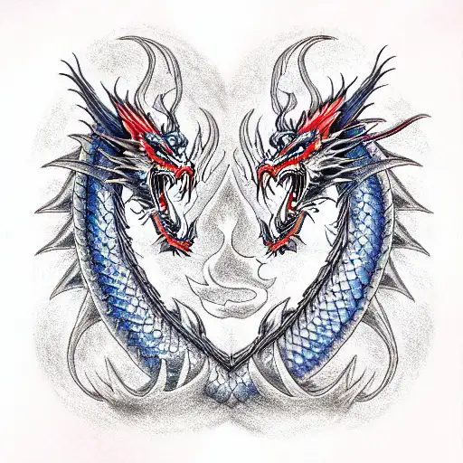 jing and jang as red and blue dragons tattoo design idea