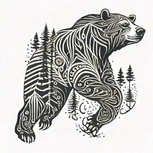 A minimalist tattoo of a bear running through a forest tattoo design idea