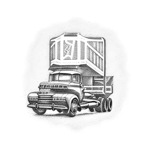 A dotwork tattoo of a GMC truck driving through a deck of playing cards, with a bottle of Jack Daniels in the bed tattoo design idea