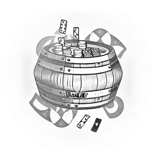 A blackwork tattoo of a Jack Daniels barrel with poker cards and chips spilling out of it tattoo design idea