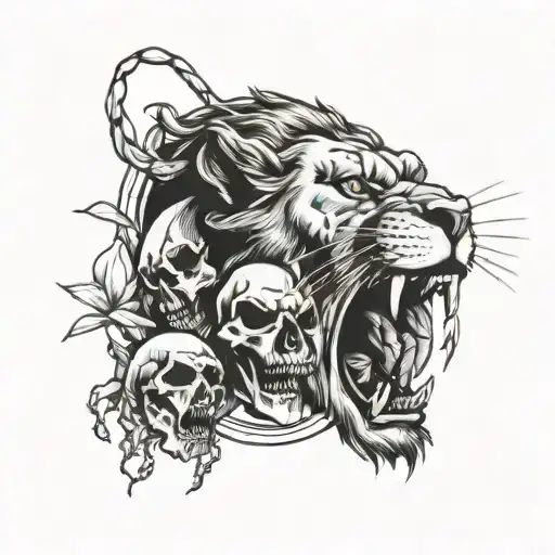 Lion with legs hanging out of mouth with 2 skulls in background  tattoo design idea