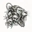 Lion with legs hanging out of mouth with 2 skulls in background  tattoo design idea