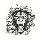 Lion with legs hanging out of mouth with 2 skulls in background  tattoo design idea