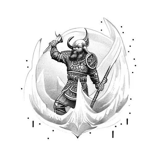 A fierce Viking warrior sailing through stormy seas on a longship tattoo design idea
