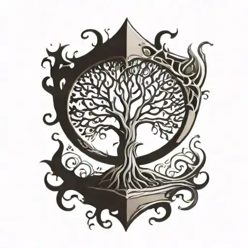 a tree of life with roots in a psychedelic shape that contains an hourglass tattoo design idea