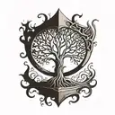 a tree of life with roots in a psychedelic shape that contains an hourglass tattoo design idea