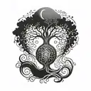 a tree of life with roots in a psychedelic shape that contains an hourglass tattoo design idea