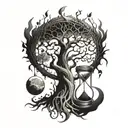 a tree of life with roots in a psychedelic shape that contains an hourglass tattoo design idea