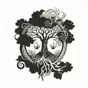 a tree of life with roots in a psychedelic shape that contains an hourglass tattoo design idea