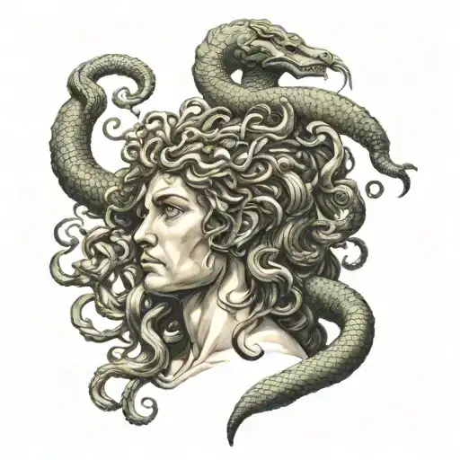 Perseus beheaded Medusa, a disgusting Gorgon with a female face whose hair turned into a snake, Perseus stands in ancien tattoo design idea