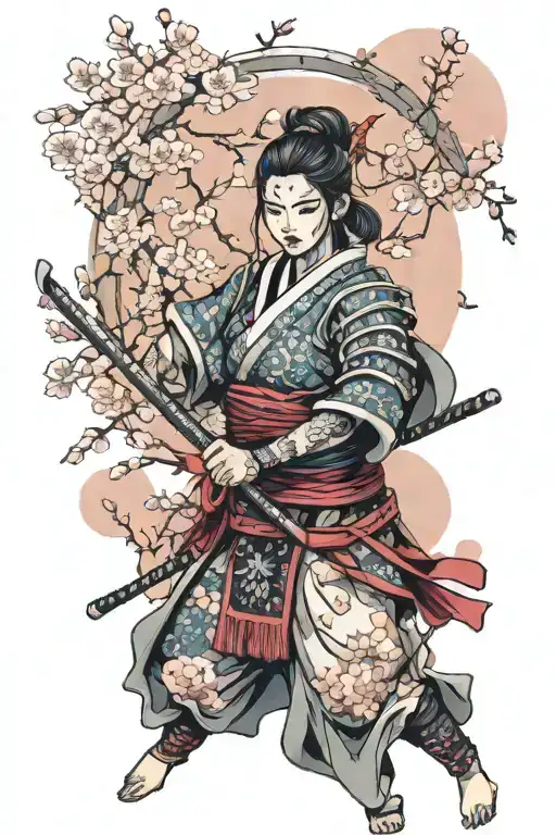 A fierce samurai warrior woman wielding a katana, surrounded by cherry blossoms and Japanese kanji characters representing strength and honor tattoo design idea