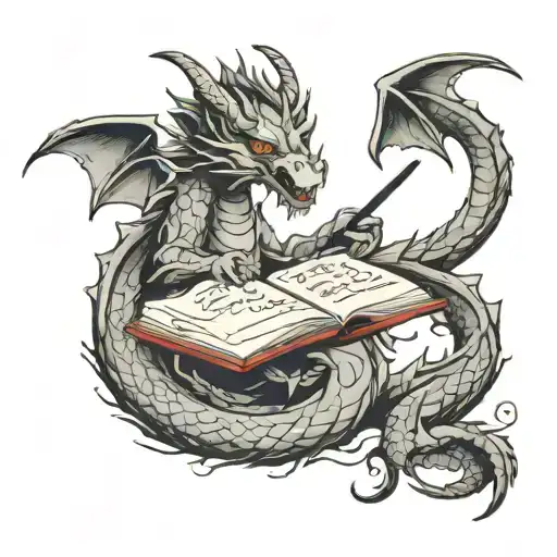dragon writing its future in a book tattoo design idea
