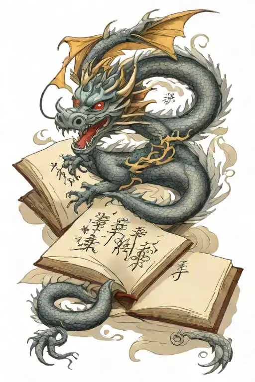 A dragon writing its future in a book open in front tattoo design idea