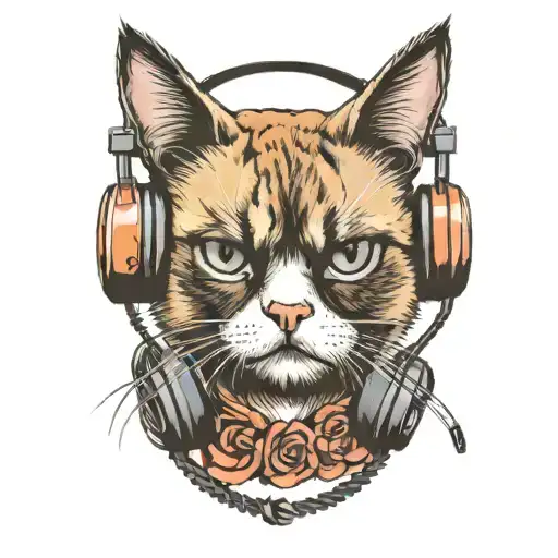 grumpy cat wearing headphones tattoo design idea