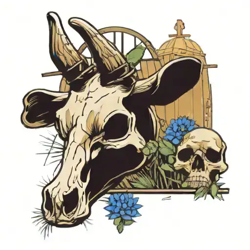cow skull infront of prickly pear cactus at the base of a windmill with blue bonnets around cacti and skull  tattoo design idea