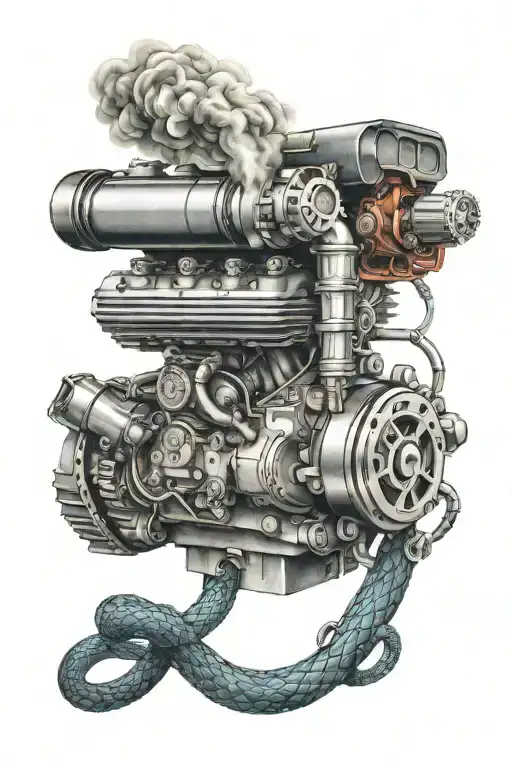 A car engine with smoke forming into a snake shape tattoo design idea