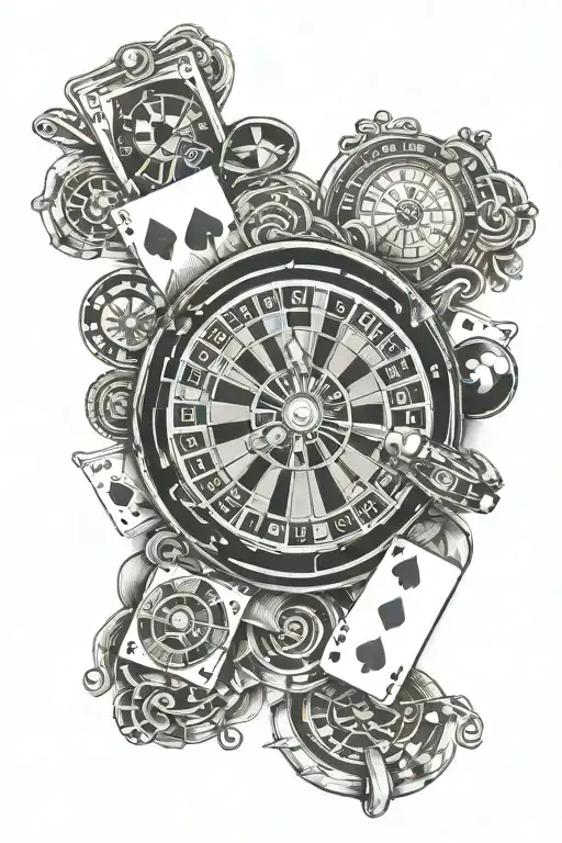 cards with 7 small hearts and roulette wheel tattoo design idea