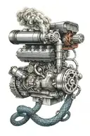 A car engine with smoke forming into a snake shape tattoo design idea
