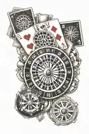 cards with 7 small hearts and roulette wheel tattoo design idea