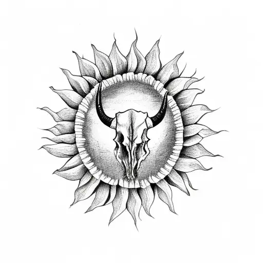 longhorn skull with four sunflowers  tattoo design idea