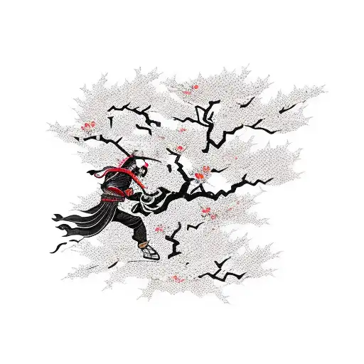 A ninja stealthily climbing a cherry blossom tree, with throwing stars hidden in the branches tattoo design idea