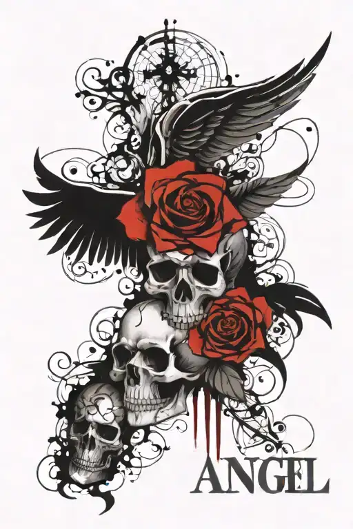 A tattoo design incorporating skulls, lace, and inspiring quotes or bible verses, angel wings  tattoo design idea