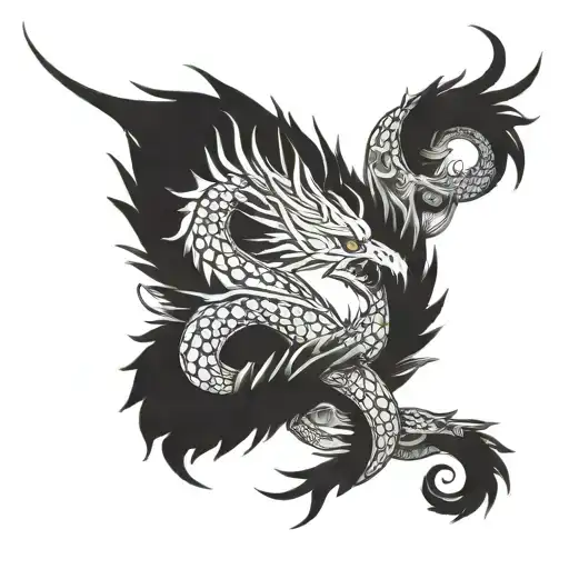 dragon wrapping around phoenix feather  tattoo design idea