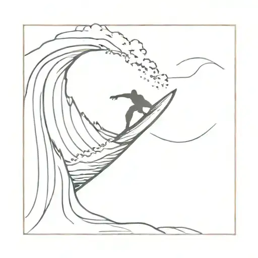 A minimalist sketch of a surfer riding a wave at sunset tattoo design idea