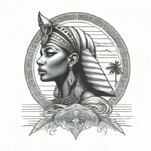 black female with egyptian theme, water and sunset tattoo design idea