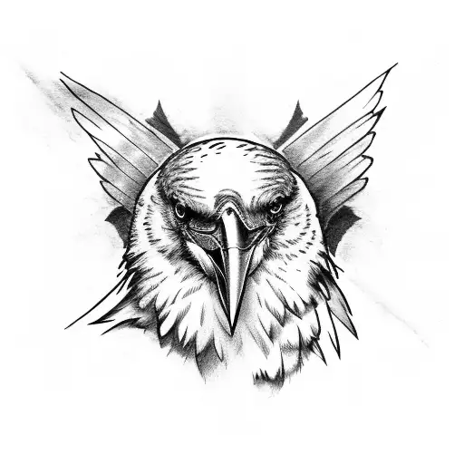 Raven with open wings and rose tattoo design idea