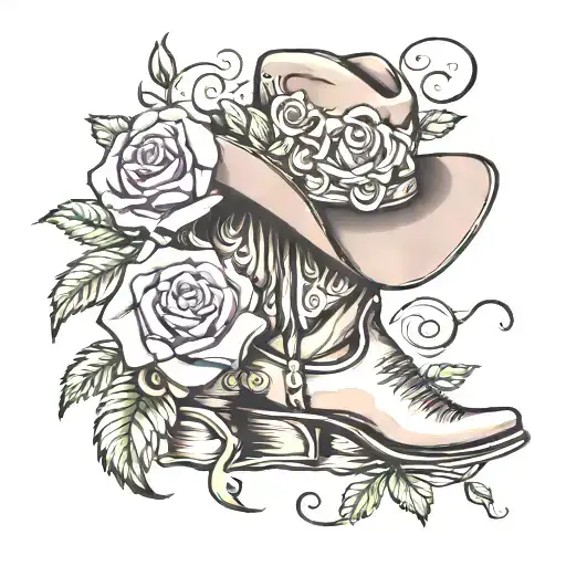 cowboy boots with a cowboy hat surrounded by a horse shoe and a beautiful purple rose  tattoo design idea