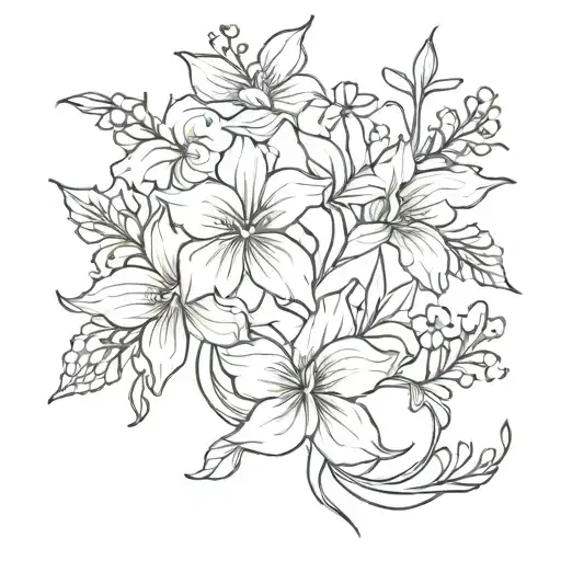 fineline tattoo with two lines. each line has a wave. one line ends in a larkspur, the other ends in a marigold tattoo design idea