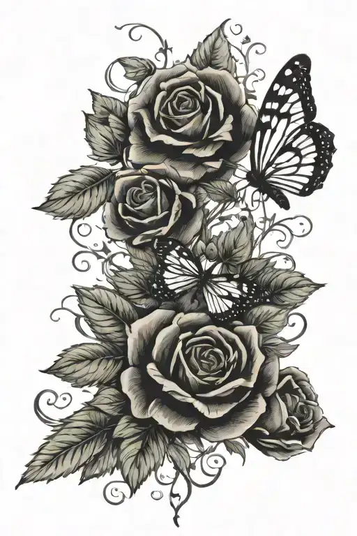 Realism "Vines , Roses , Butterfly" Tattoo Idea BlackInk AI
