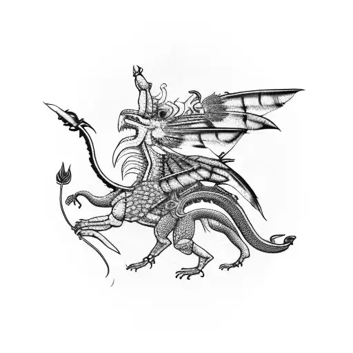 A Native Indian woman riding a dragon through a garden of dahlias tattoo design idea