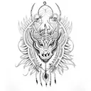A fierce dragon intertwined with a Native Indian dreamcatcher adorned with delicate dahlias tattoo design idea