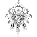 A fierce dragon intertwined with a Native Indian dreamcatcher adorned with delicate dahlias tattoo design idea