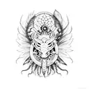 A fierce dragon intertwined with a Native Indian dreamcatcher adorned with delicate dahlias tattoo design idea