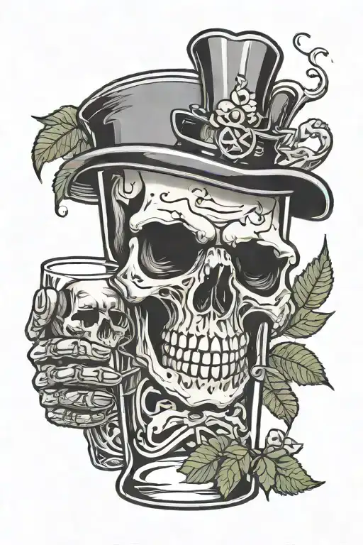 Shot glass gripped by a skeleton hand with 4 leaf clover and a banner tattoo design idea