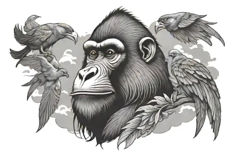 mandrill face with a beautiful sky with birds and clouds  tattoo design idea