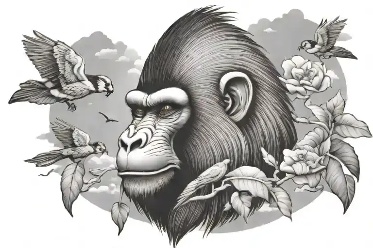 mandrill face with a beautiful sky with birds and clouds  tattoo design idea