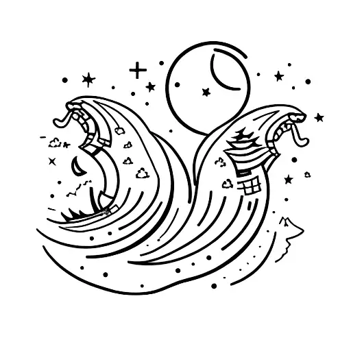 A minimalist tattoo of a crescent moon with a silhouette of friends sitting around a campfire, representing the joy of country life and outdoor adventures. tattoo design idea