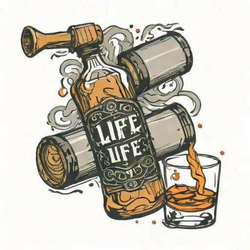 whiskey bottle branded 'Life' pouring one drop at a time into a whiskey glass tattoo design idea