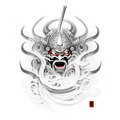 japanese samurai demon with flames and waves and swords background tattoo design idea