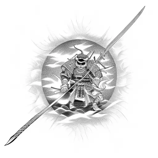 japanese demonic samurai flames waves swords tattoo design idea