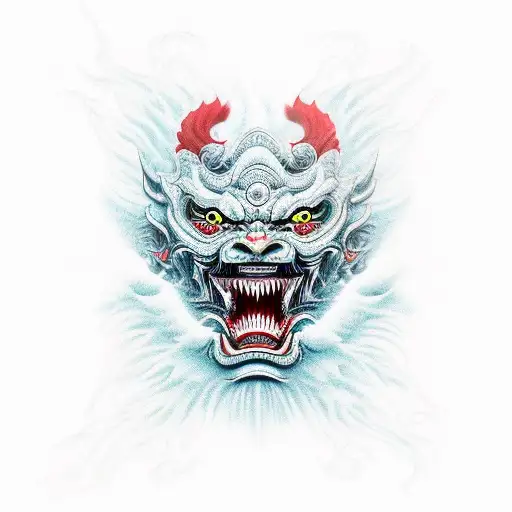 Intricate Japanese hannya masks with sharp canines emerging from swirling waves tattoo design idea