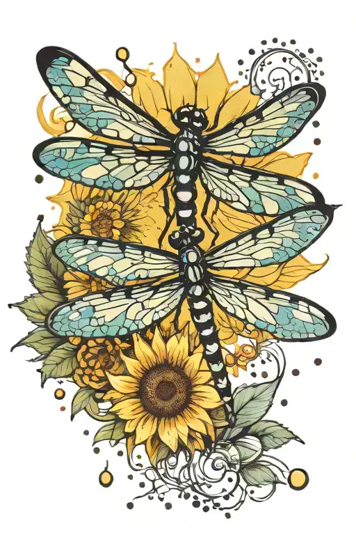 dragonfly, sunshine, water droplets, sunflower   tattoo design idea