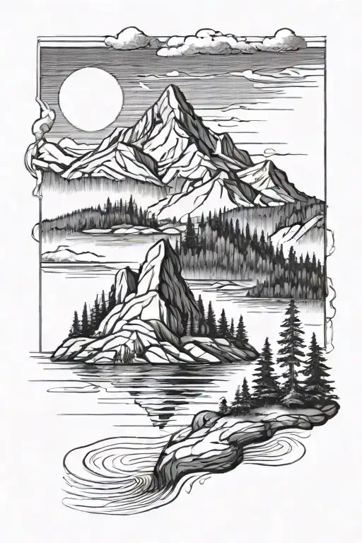 "Create a realistic black ink sleeve tattoo featuring a serene mountain landscape surrounding a tranquil lake. The mount tattoo design idea